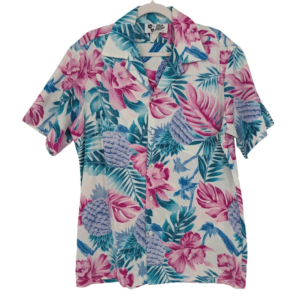 VTG Hilo Hattie Hawaiian Shirt Mens L White Pink Pineapple Floral Cotton Aloha